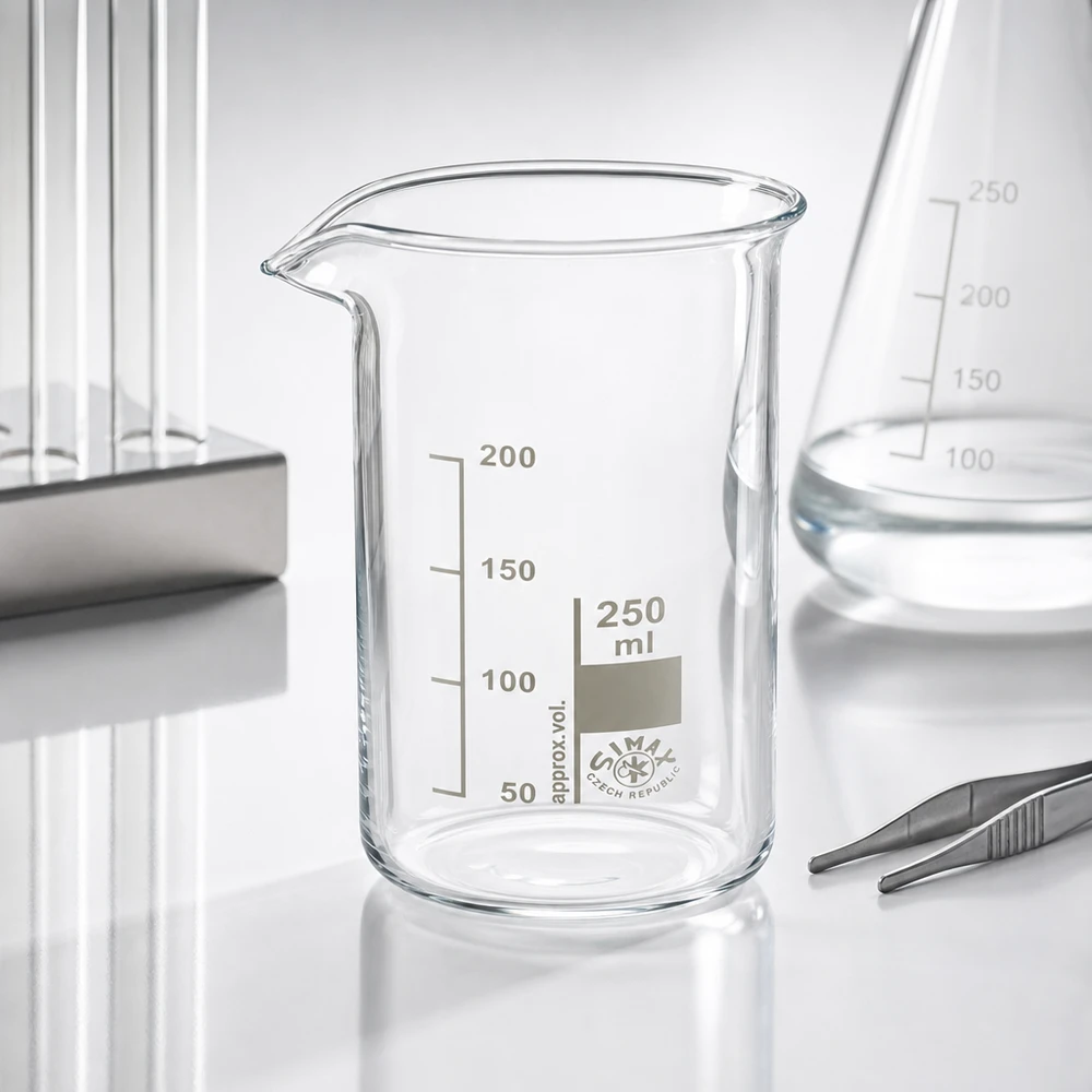 Bägare 250ml borosilikatglas, hög form Simax-bägare, 250 ml, hög modell, borosilikatglas med pip, bredvid en Erlenmeyerkolv och en pincett