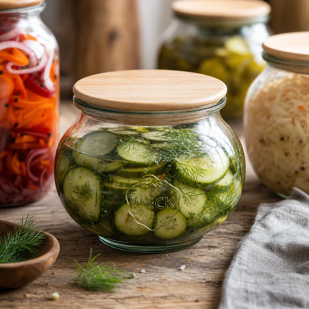 WECK dekorativ burk 560ml RR80 med trälock fylld med inlagd gurka och dill i ett rustikt fermenteringskök