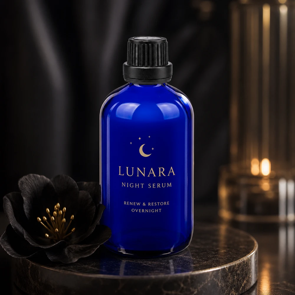 Apoteksflaska blå 100ml skruvkork svart säkerhetsförslutning Blå glasflaska på 100 ml med svart droppkork som förpackning för nattserum