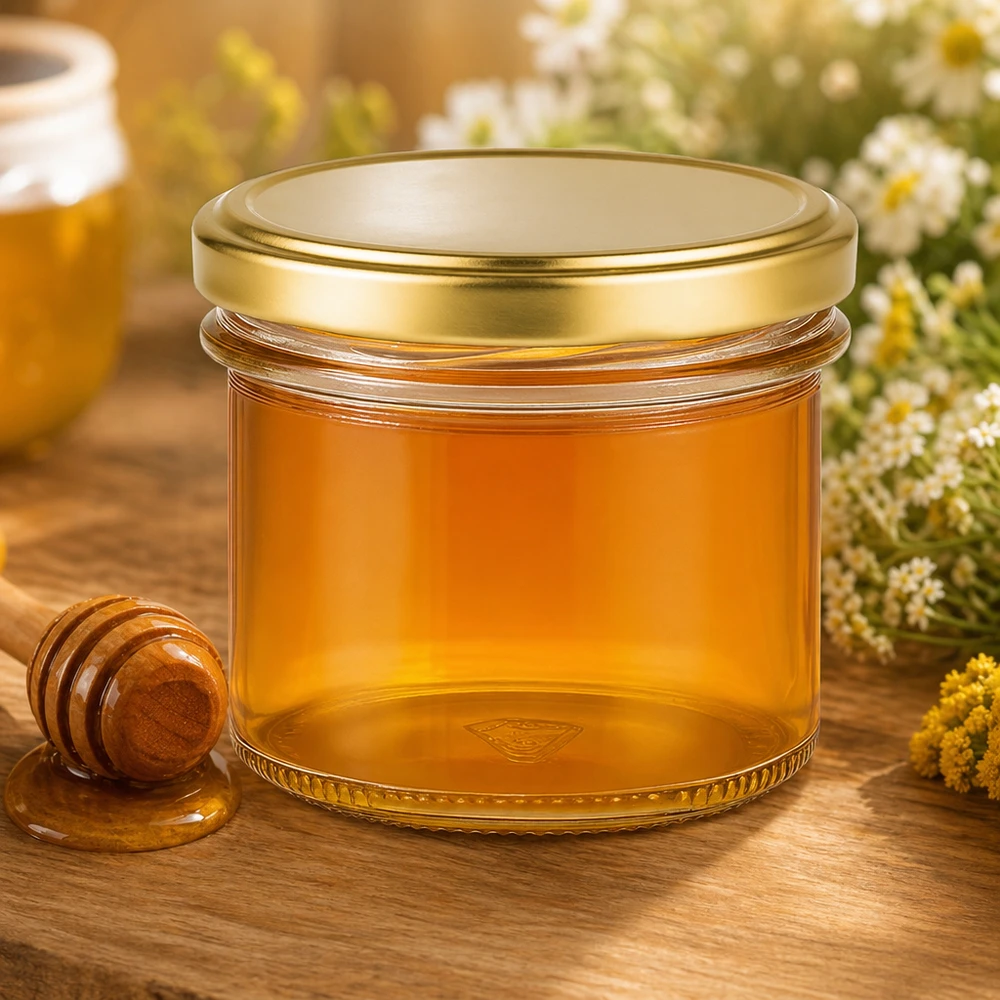 Mugg 125 ml med lock BasicSeal guld UNiTWIST 125ml Sturzglas gefüllt mit goldgelbem Honig neben Honiglöffel und Blumen - perfekt für Imkerei und Geschenke