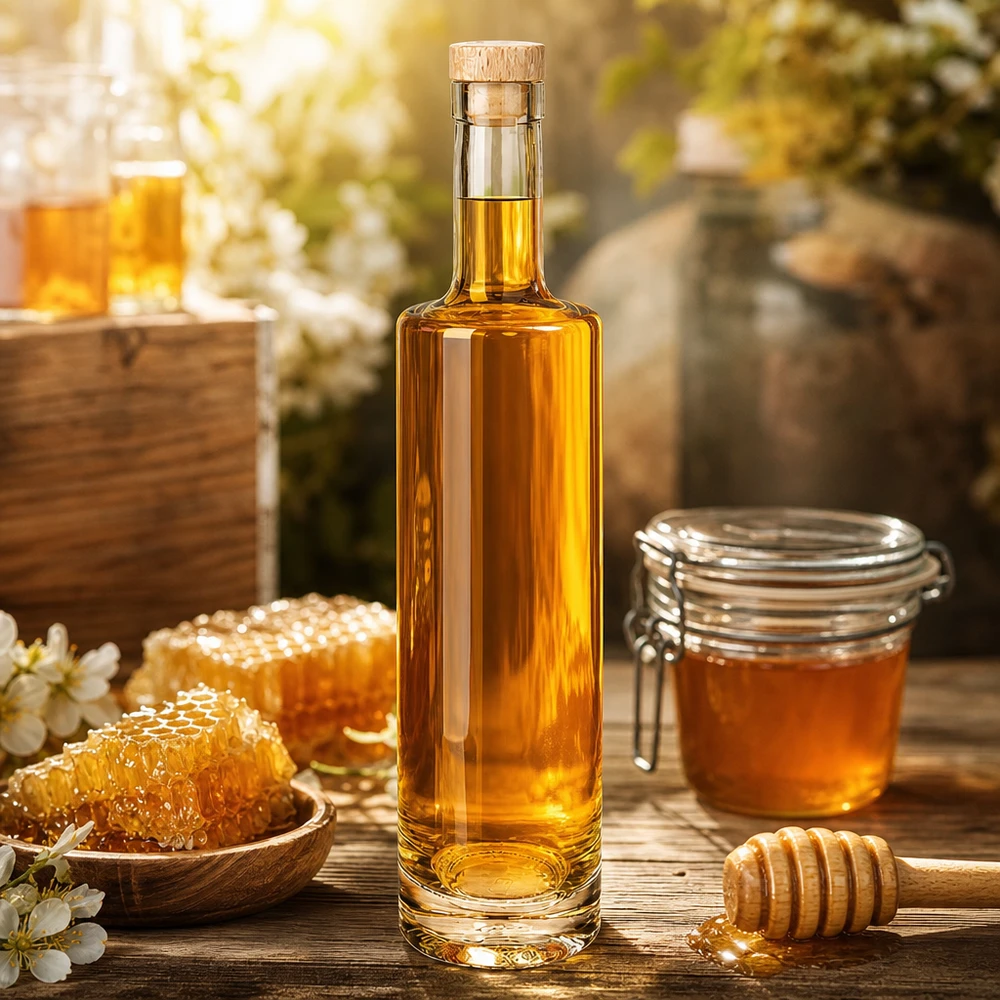 500 ml glasflaska Lina med kork med trähandtag UNiTWIST® Glasflasche Lina 500ml mit Honig befüllt neben Bienenwaben und Honigglas rustikale Küchendeko mit Holzkorken