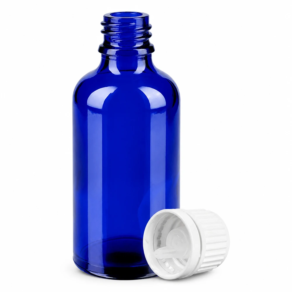 50 ml Droppflaska 0,7 mm vit med säkerhetsförslutning BlueLine UT18/50 50 ml droppflaska av högkvalitativt glas i koboltblått med droppöppning 0,7 mm UT18/50