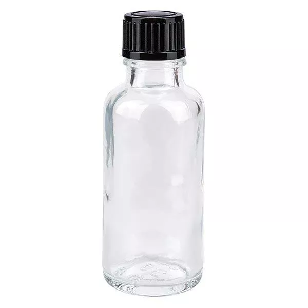 Apoteksflaska klar 30ml skruvlock svart standard Apoteksflaska klar 30ml skruvlock svart standard