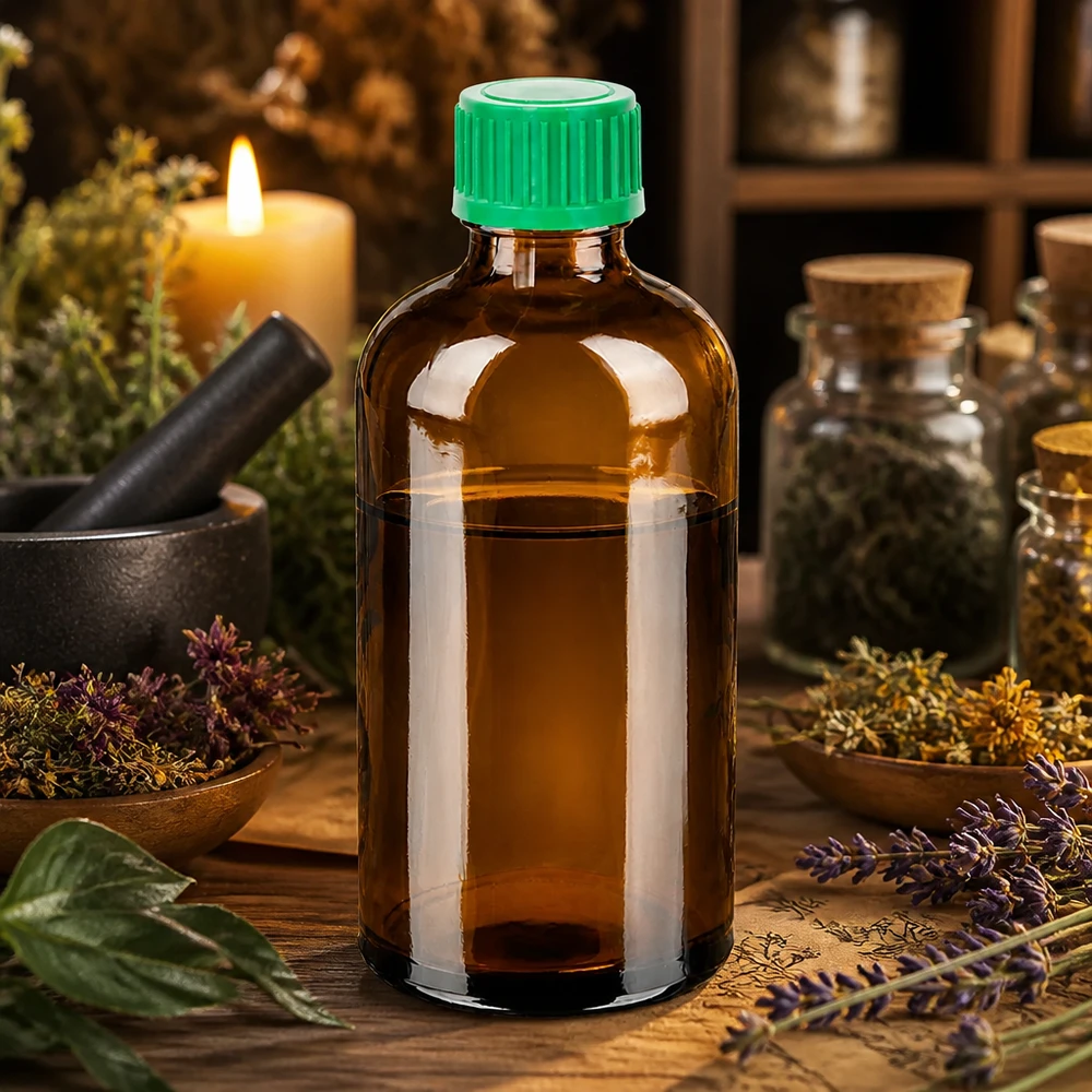 100ml flaska 11mm skruvkork grönt manipuleringssäkert lock BrownLine UT18/100 100 ml bärnstensfärgad glasflaska av hög kvalitet med 11 mm gänga och grönt säkerhetslock