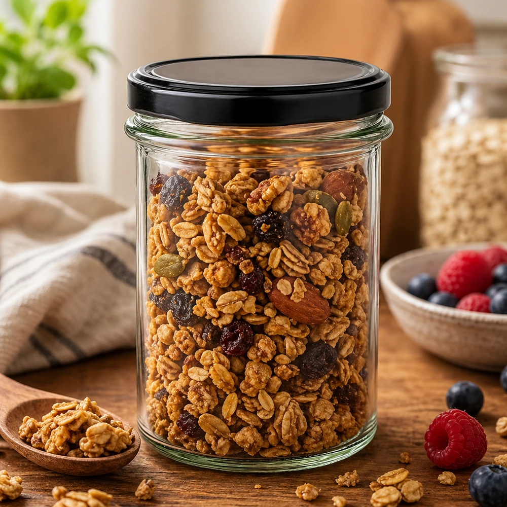 Muggar med en volym på 230 ml med lock BasicSeal svarta UNiTWIST 230 ml BasicSeal svart burk fylld med nötmixmüsli visar mångsidig förvaring av snacks med torkad frukt