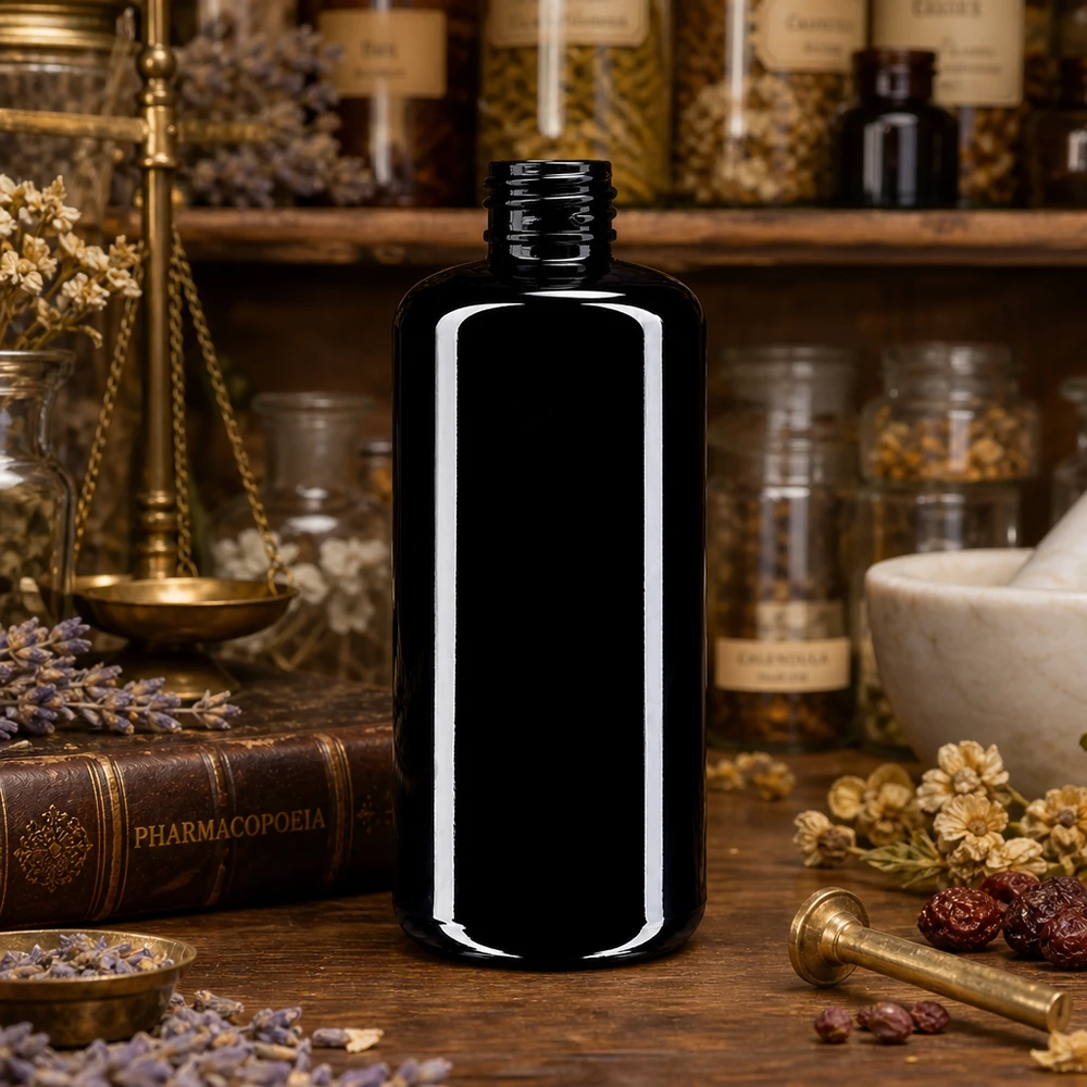 Flaska i violett glas 200ml 410/24 Premium 200 ml kosmetikflaska Draco i violett glas med smal cylinderform för professionella applikationer