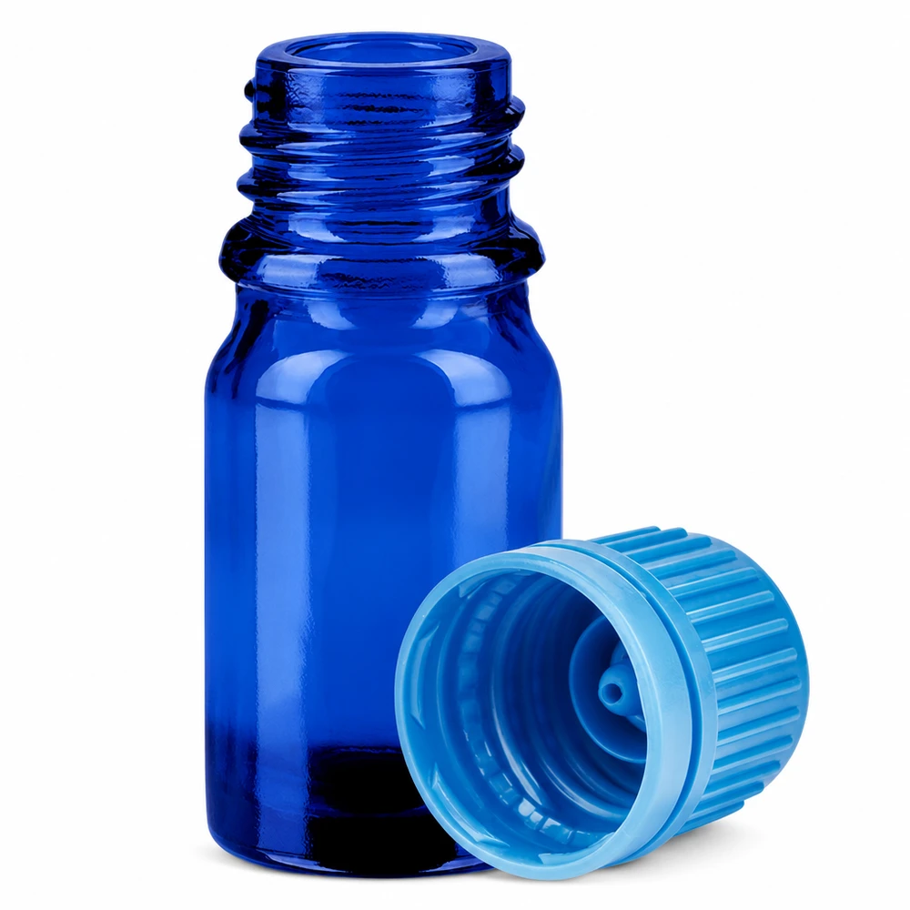 5 ml flaska 11mm skruvkork blå säkerhetslock BlueLine UT18/5 Liten 5ml glasflaska i koboltblått med tråd för aromaterapi och apotek