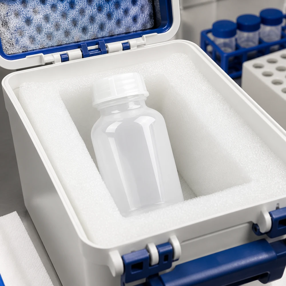 100 ml laboratorieflaska med vid hals och skruvlock, inpackad i skumplast i en transportväska