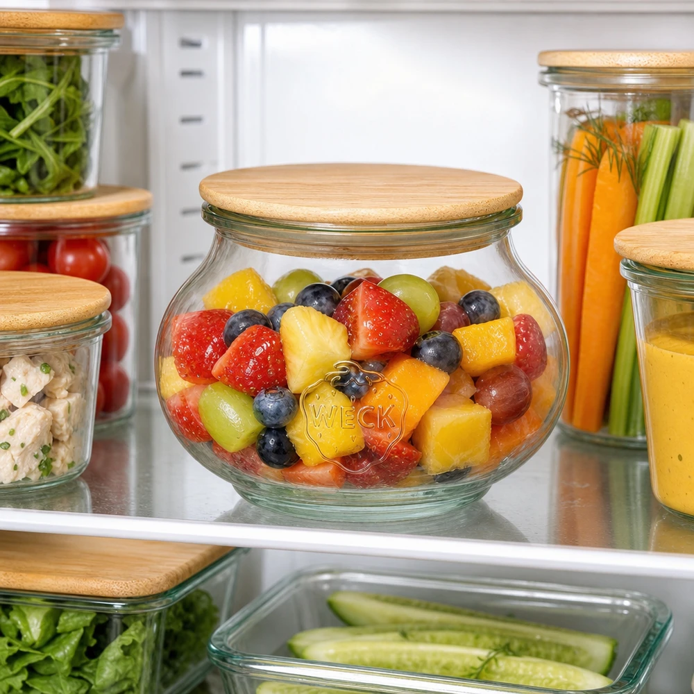 560ml smyckesburk WECK RR80 med trälock WECK förvaringsburk 560ml RR80 med trälock fylld med fruktsallad i kylskåpet organiserad matförvaring