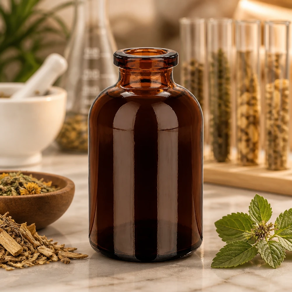 Injektionsflaska av bärnstensfärgat glas 30ml Injektionsflasche Braunglas 30ml für Kräuterextrakte auf Marmorunterlage mit Mörser im Hintergrund