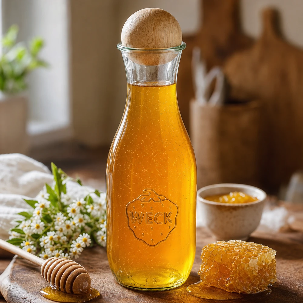 WECK juiceflaska 1062ml fylld med honung bredvid honungskaka, honungssked i trä och kamomillblommor på träbord