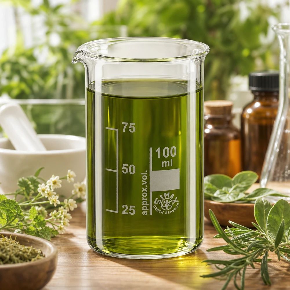 100 ml högt begerglas med grönt örtextrakt omgivet av färska medicinalväxter