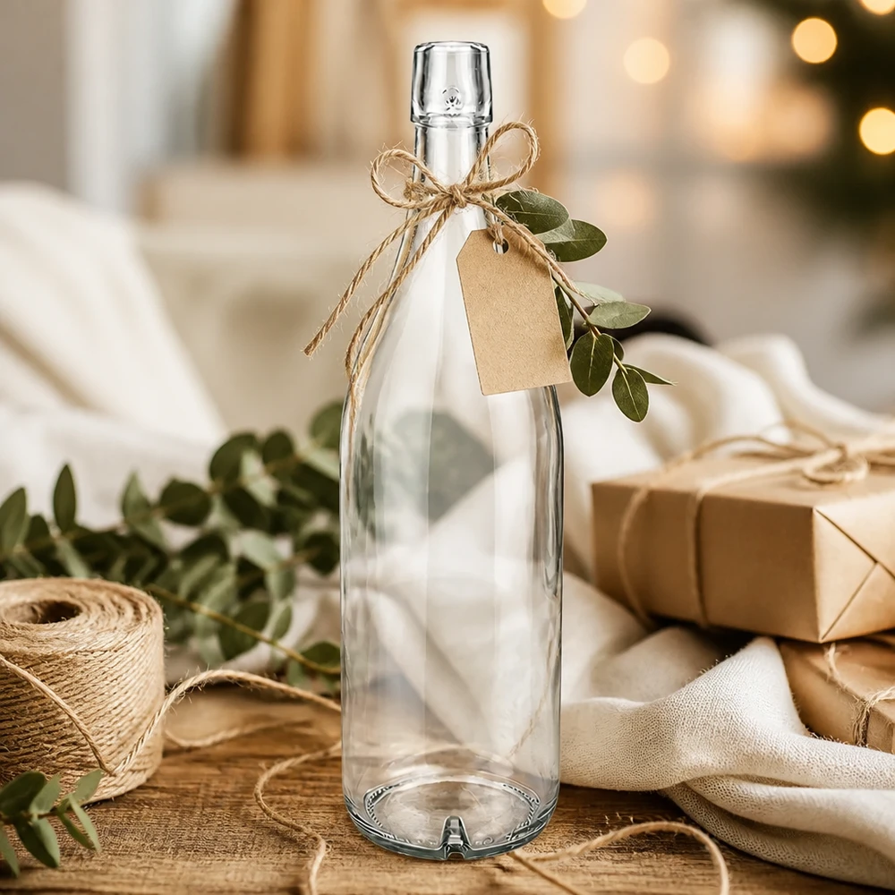 1000 ml glasflaska UNiTWIST tom dekorerad med jutesnöre och presentetikett som en presentidé på en träbas