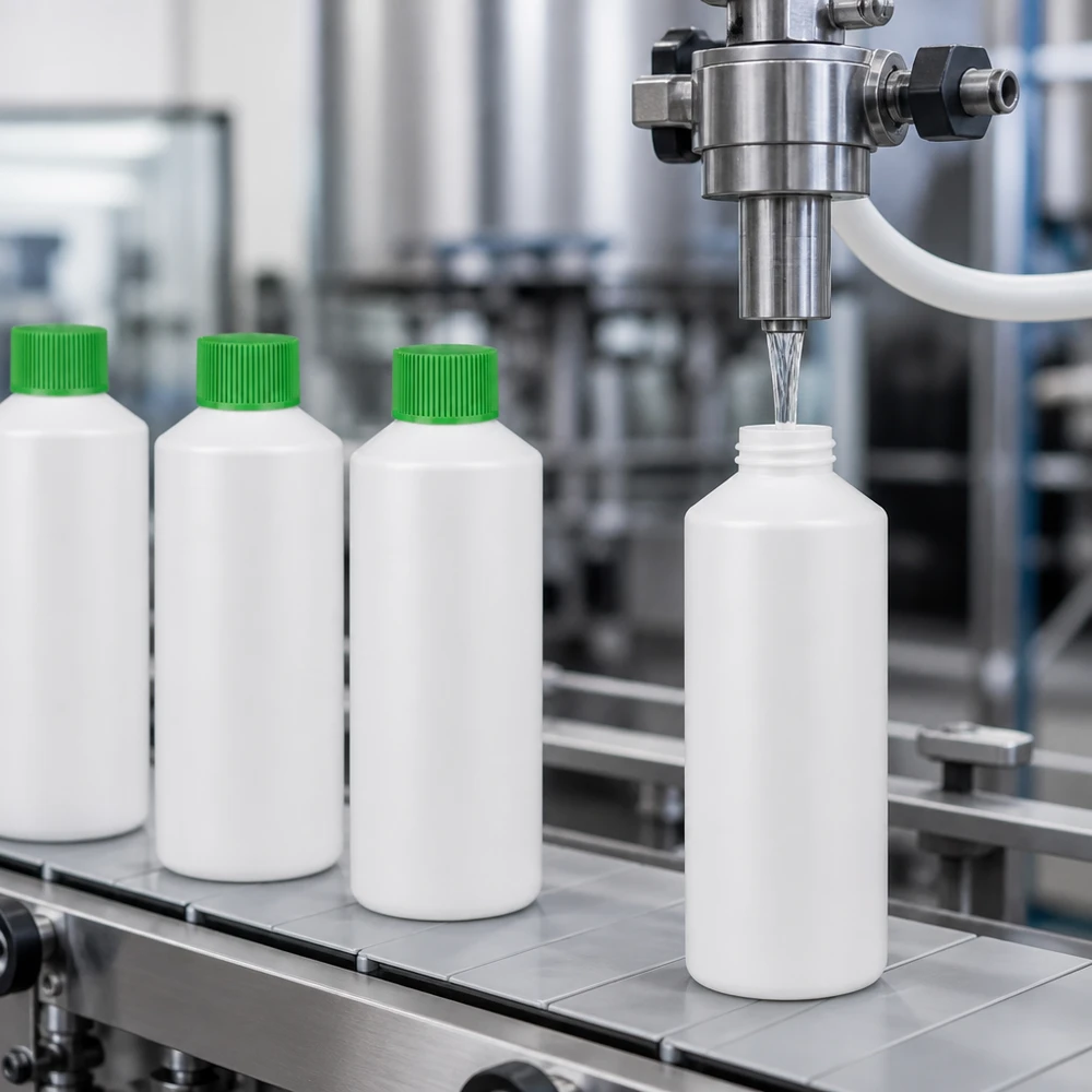 Industriell fyllning av vita 100 ml HDPE-apotekflaskor med grönt skruvlock på transportband