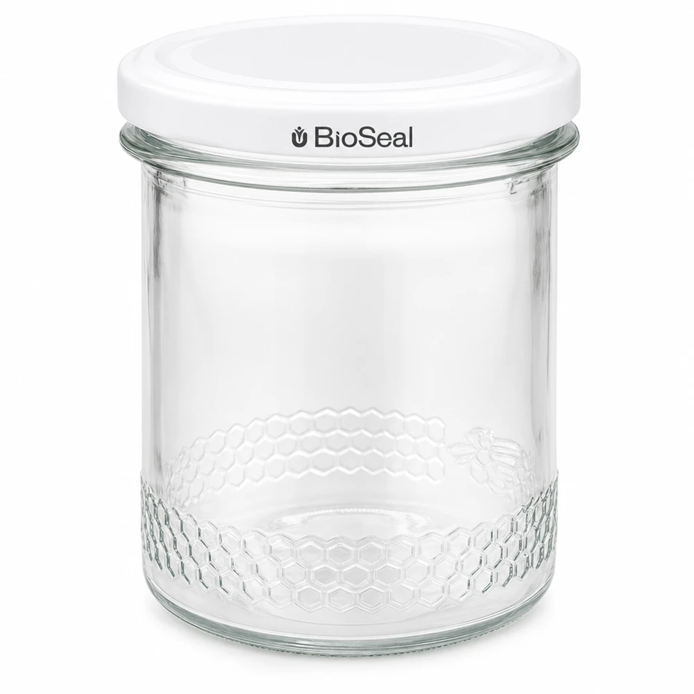 400 ml honungsburk med vitt BioSeal-lock UNiTWIST konserveringsburk Biodlingstillbehör Glasförpackning