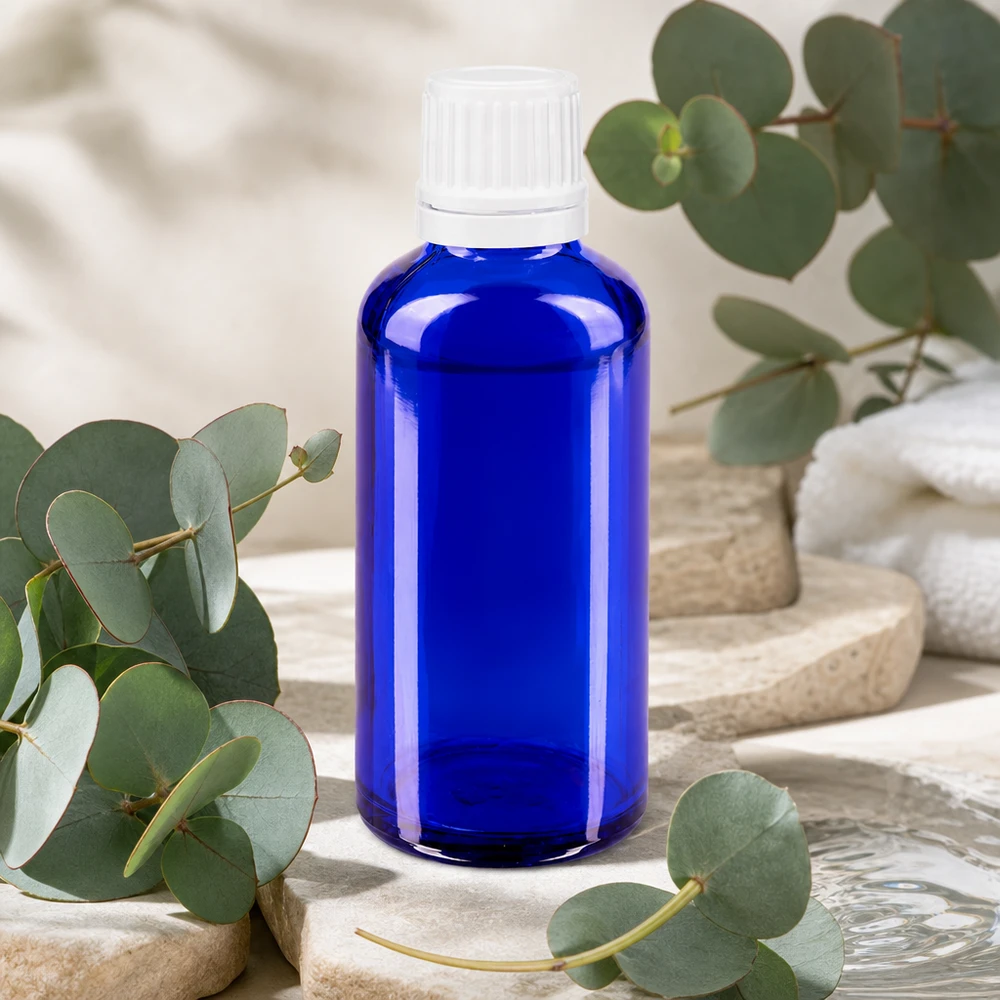 Apoteksflaska blå 50ml droppflaska 1,2mm vit barnsäker förslutning Koboltblå glasflaska, 50 ml, med barnsäker vit droppkork, OV 0,7 mm