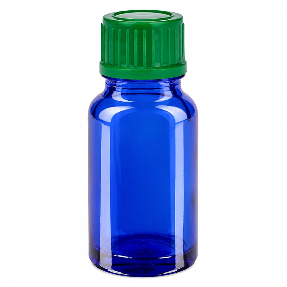 10ml blå glasflaska med grönt skruvlock SV 11mm STD BlueLine UT18/10