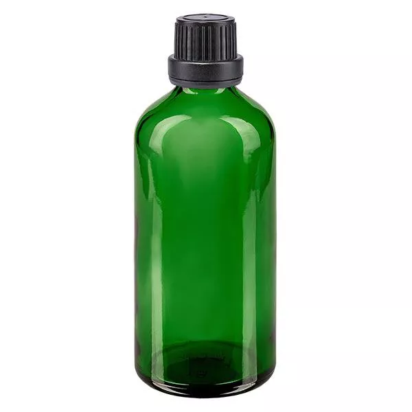 Apoteksflaska grön 100ml skruvkork svart manipulationsskyddad förslutning Apoteksflaska grön 100ml skruvkork svart manipulationsskyddad förslutning
