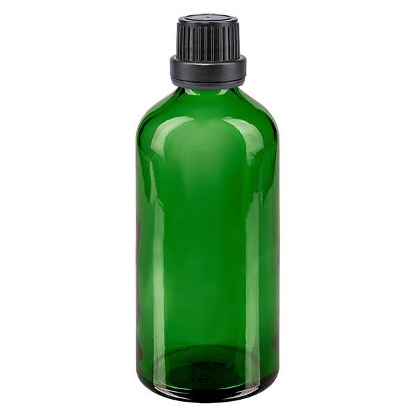 Apoteksflaska grön 100ml skruvkork svart manipulationsskyddad förslutning Apoteksflaska grön 100ml skruvkork svart manipulationsskyddad förslutning