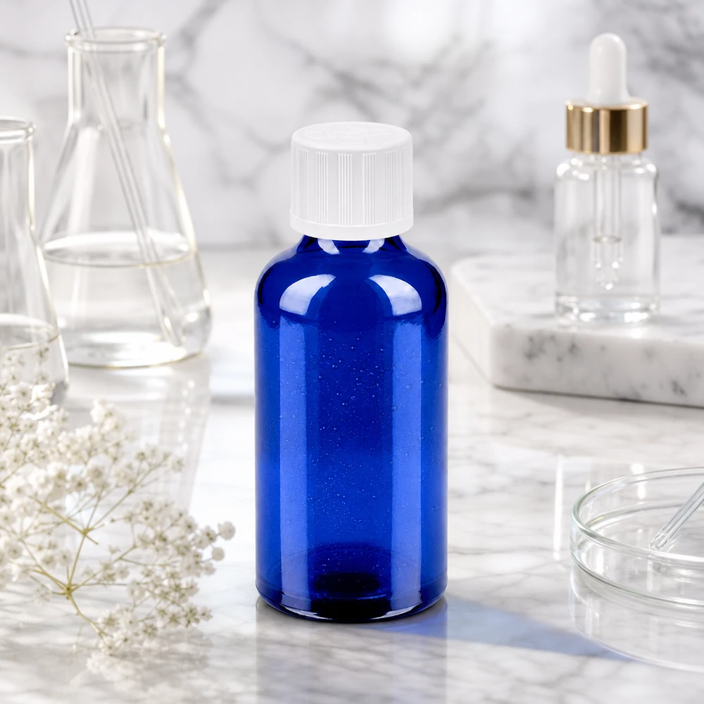 Kompakt 50 ml glasflaska med UV-skydd tack vare blå färg, idealisk för ljuskänsliga ämnen