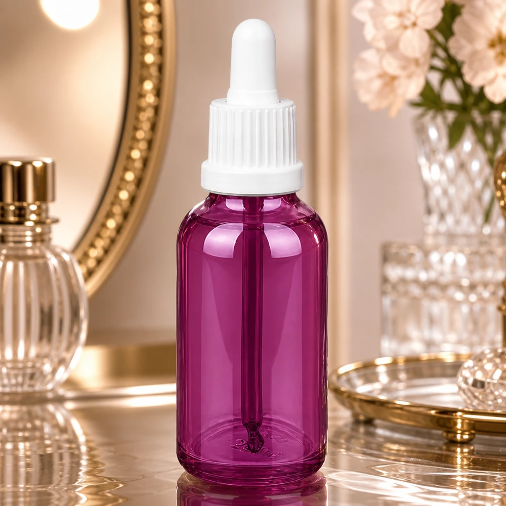 30 ml violett pipettflaska tillverkad av högkvalitativt glas med ergonomisk design för enkel hantering