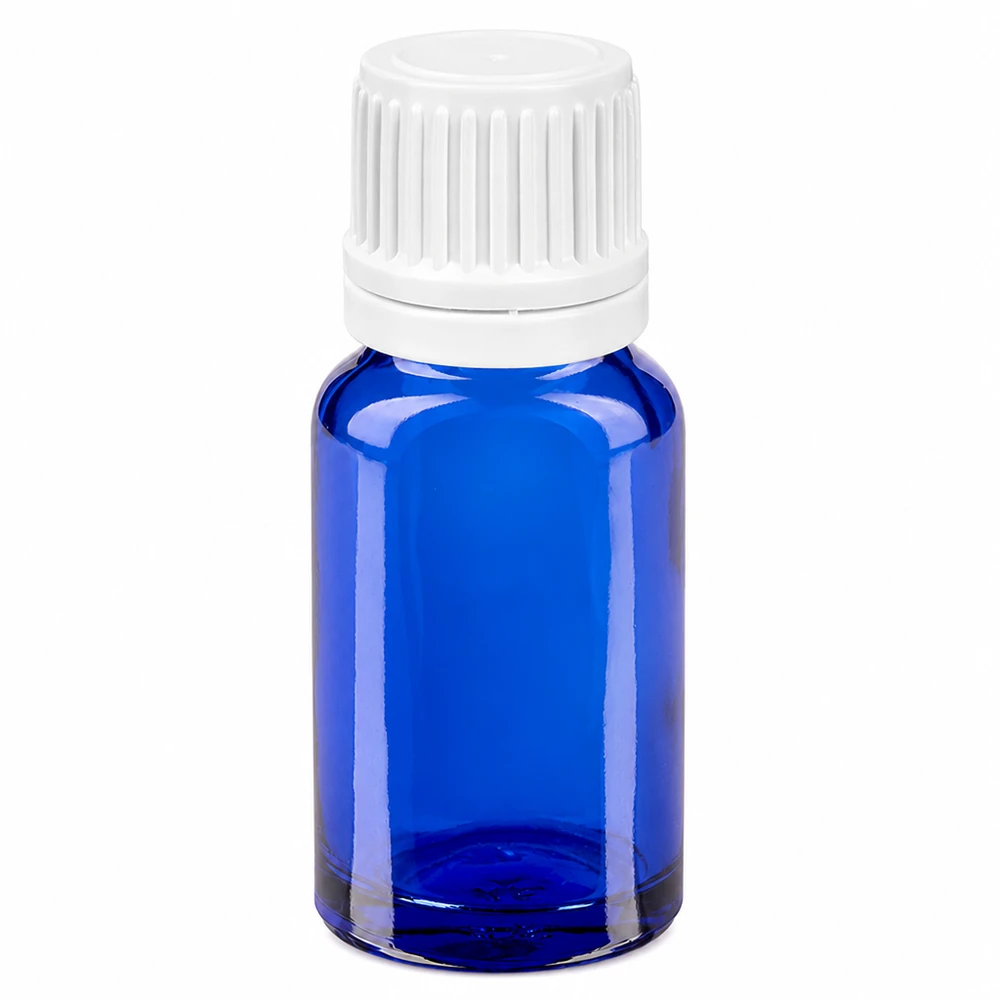 Blå 10 ml droppflaska av glas med vitt lock och 0,7 mm doseringsöppning