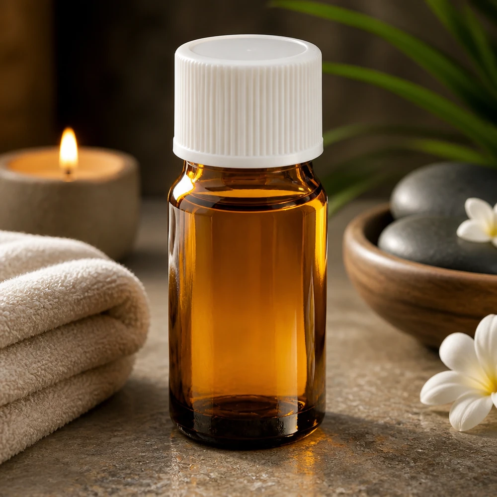 Liten 5 ml apoteksflaska av brunt glas med vitt skruvlock för aromaterapi och wellness