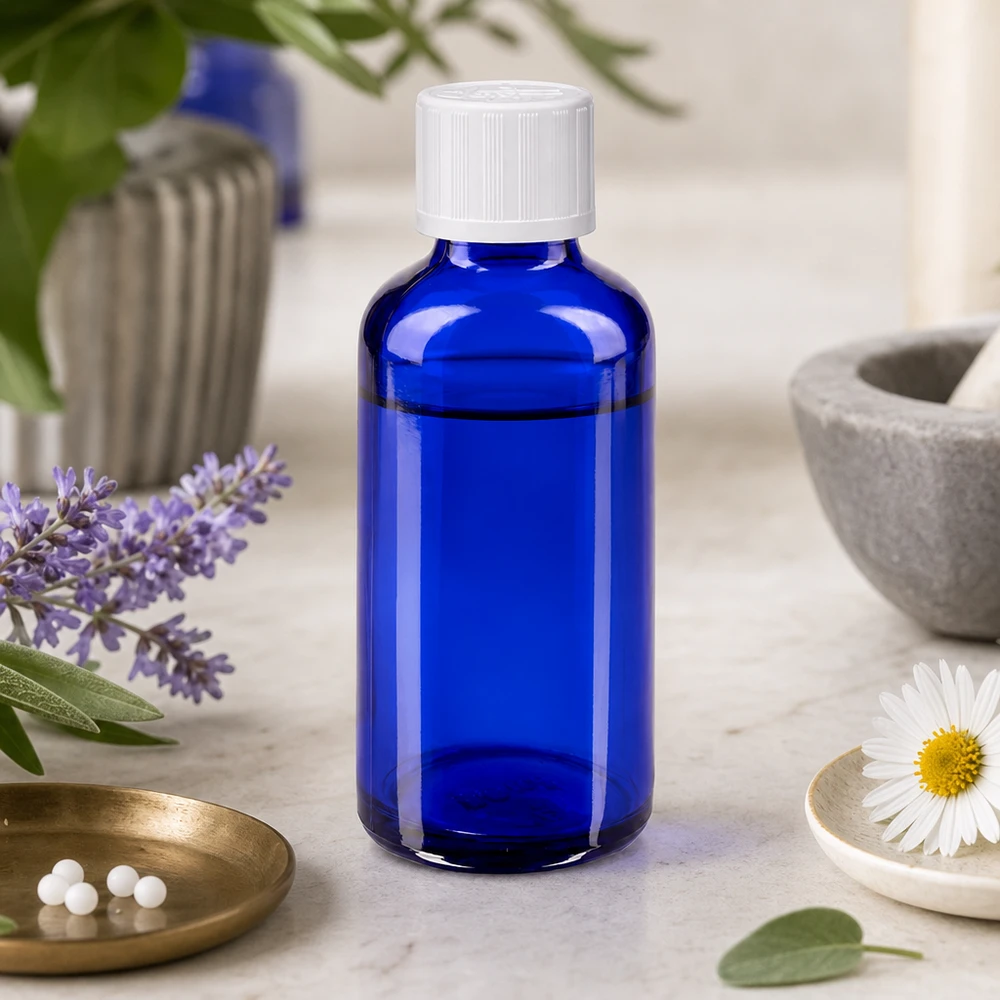Apoteksflaska blå 50ml skruvkork vit barnsäker standard Blå apoteksflaska på 50 ml med barnsäker vit kork bredvid kamomill och lavendel