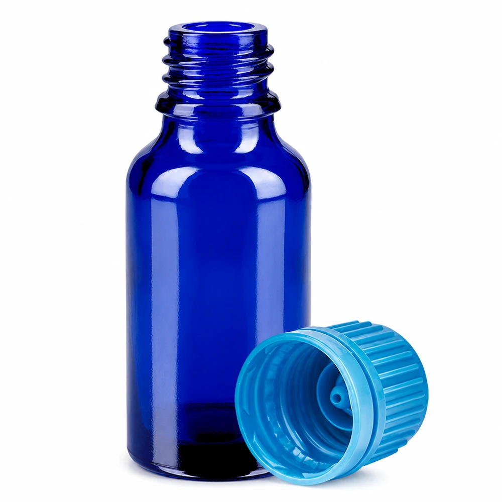 20ml flaska 11mm skruvkork blå sabotageskyddad kork BlueLine UT18/20 Liten 20 ml laboratorieflaska av blått glas med turkos kapsyl för exakt dosering