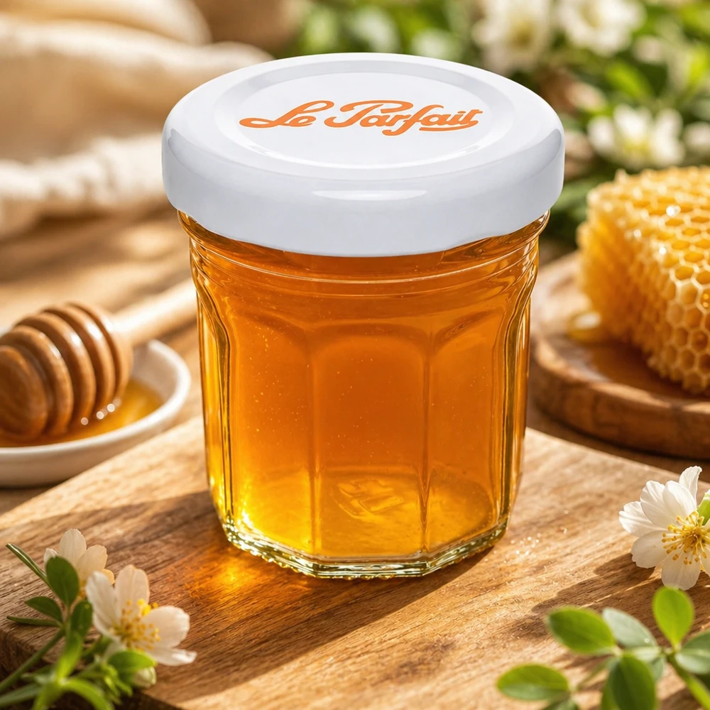 Le Parfait minitumblers 44 ml fyllda med honung bredvid honungskaka och honungssked på träbord med blomsterdekoration