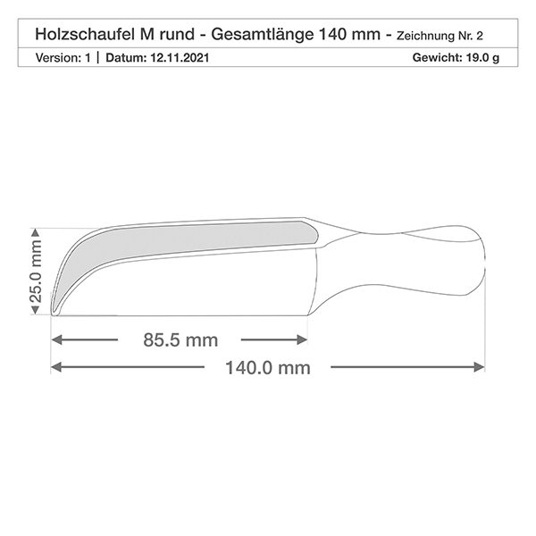 Träspade storlek M halvrund form - 140 mm lång Detaljerad ritning av träspade M med exakta mått 85,5 mm spadbredd och 25 mm höjd för köksbruk