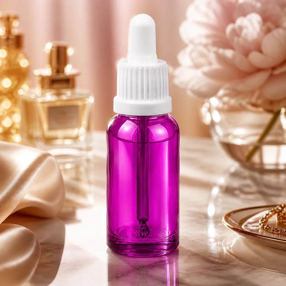 Högkvalitativ pipettflaska 20 ml av violett glas med vitt OV-lock för serum