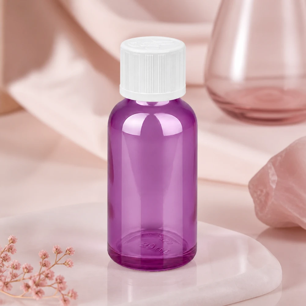 30ml droppflaska 1,2mm vit standard barnsäker PurpleLine.UT18/30 Rund 30 ml droppflaska med ergonomisk form och vitt skruvlock i elegant lila design
