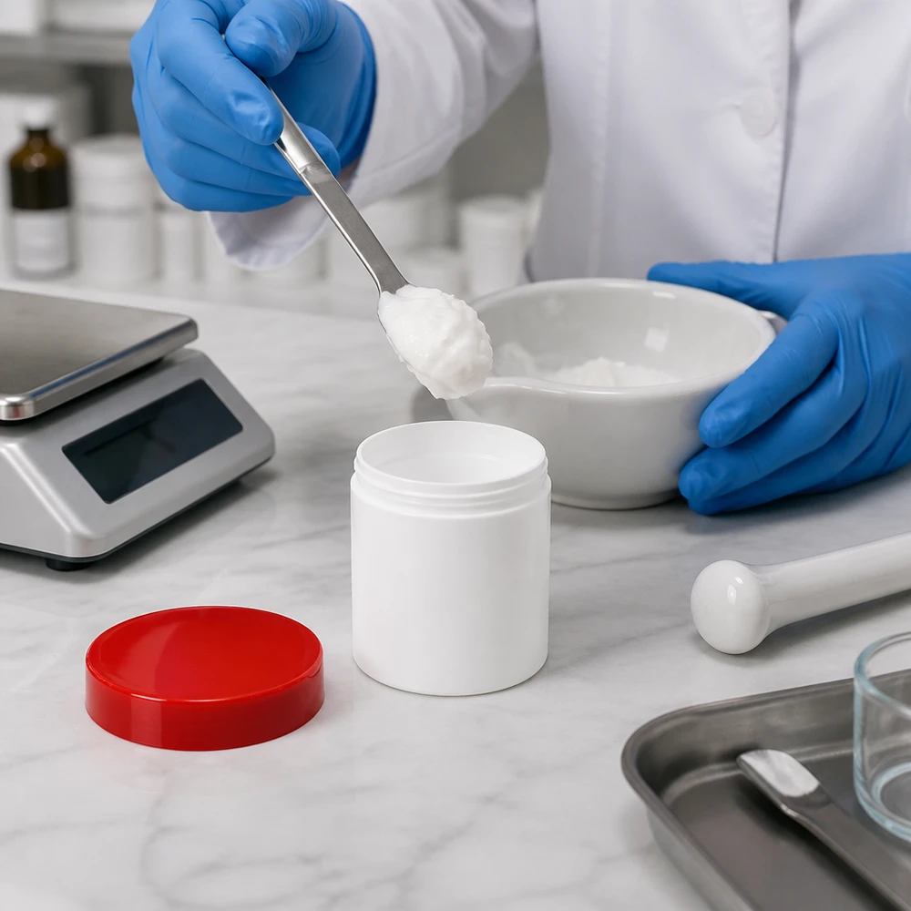 Salvburk 30g vit med rött skruvlock (polypropylen) Apotekaren fyller en krämberedning i en vit 30 g-salvburk med ett rött PP-skruvlock