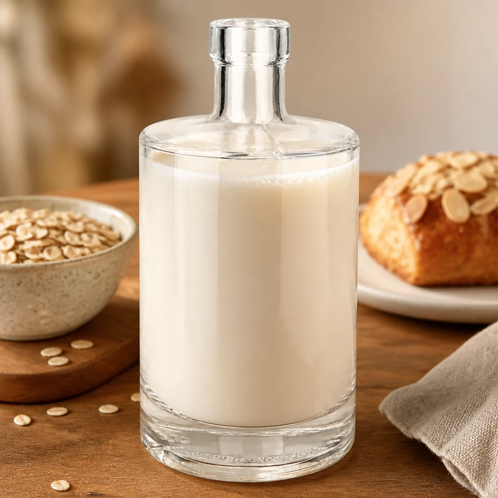 500 ml glasflaska Marie fylld med havremjölk tillsammans med havreflingor och bröd visar mångsidigheten hos mjölkalternativ