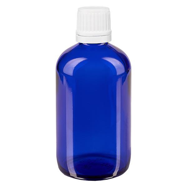 Apoteksflaska blå 100ml skruvkork vit manipulationsskyddad förslutning Apoteksflaska blå 100ml skruvkork vit manipulationsskyddad förslutning
