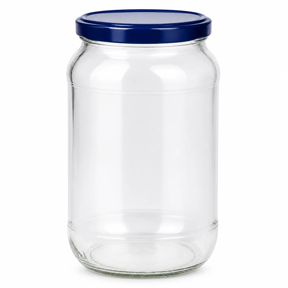 1062ml rund burk konserveringsburk med blått BasicSeal-lock UNiTWIST tom transparent förvaringsburk