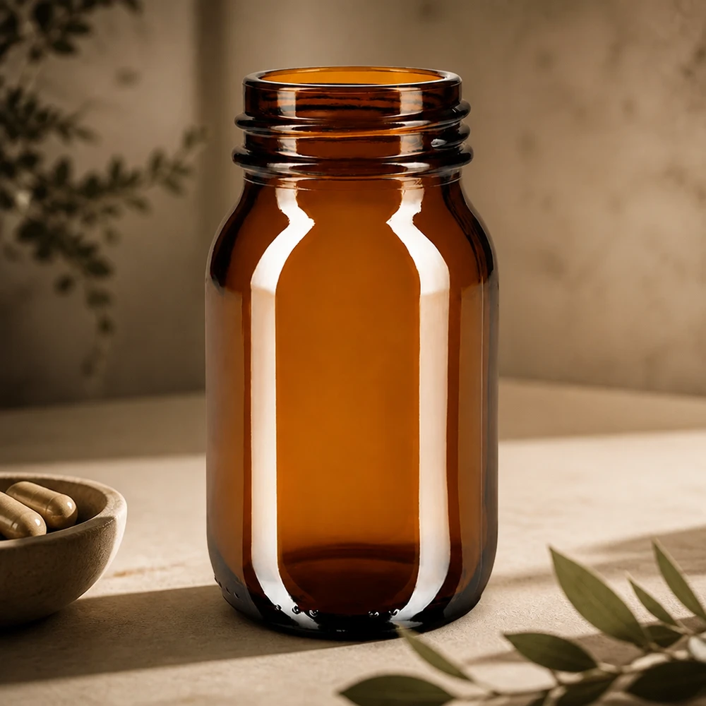 100ml bärnstensglasflaska med bred hals Högkvalitativ 100 ml bärnstensfärgad glasflaska med robust skruvlock för säker förvaring