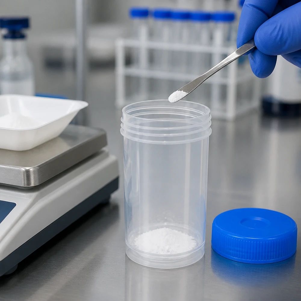 Pulverpreparatet hälls med en pincett i en genomskinlig provbehållare på 100 ml