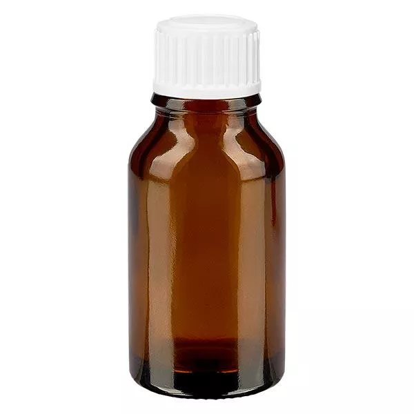 Apoteksflaska brun 15ml med skruvkork vita kulor standard