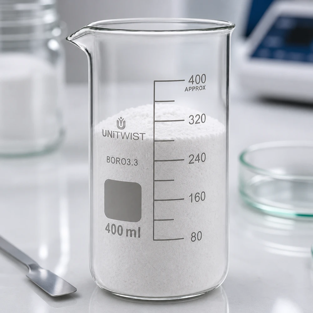 400 ml högt begerglas fyllt med vitt pulver på ett UNITWIST-laboratoriebord av borosilikatglas