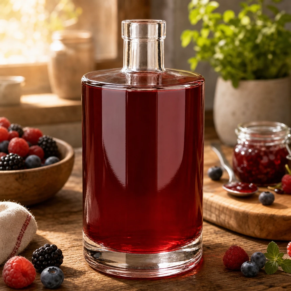 700 ml glasflaska Marie utan förslutning UNiTWIST® 700ml Glasflasche Marie mit rötlichem Beerensaft befüllt umgeben von frischen Beeren auf rustikalem Holztisch