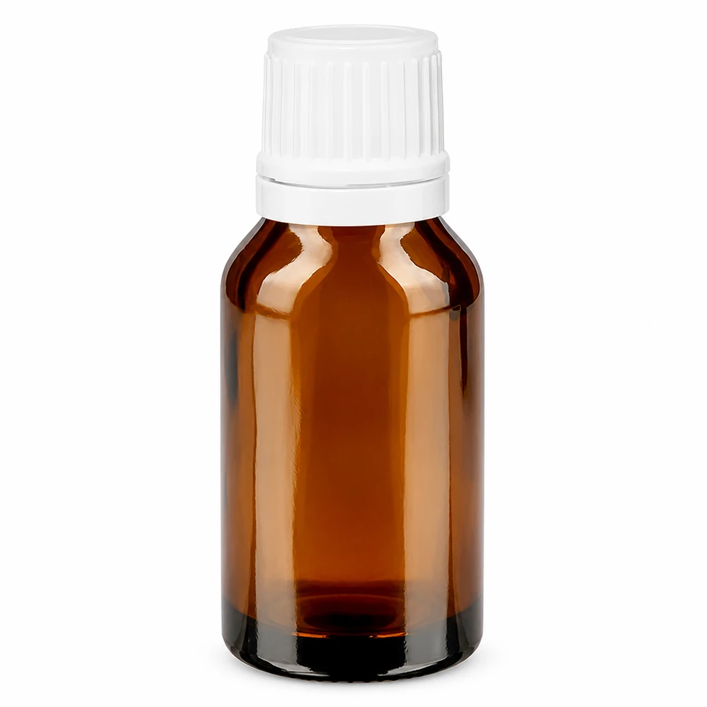 Apoteksflaska brun 15ml droppkork 1,2mm vit säkerhetsförslutning Brun apoteksflaska på 15 ml med vit originalförslutning och en droppinsats i glas på 1,2 mm