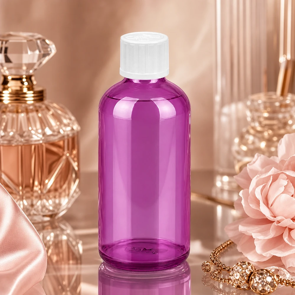 100 ml droppflaska 1,2 mm vit standard barnsäker PurpleLine. UT18/100 Kompakt 100 ml glasflaska i lila med exakt 1,2 mm dropplock för aromaterapitillämpningar