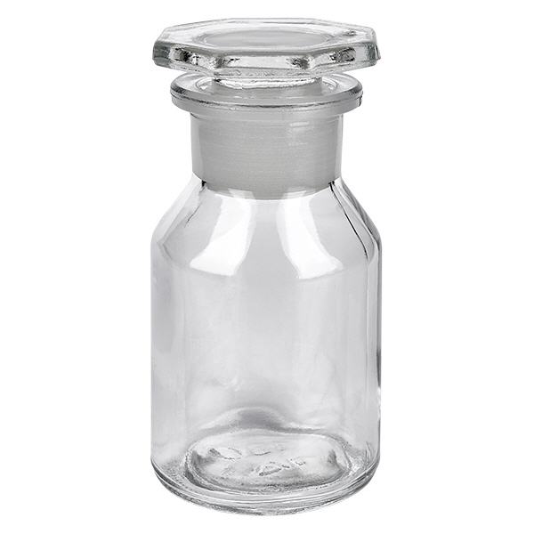 Branthalsad flaska 50ml klar glaspropp med bred hals Flaska med brant bröst, 50 ml, klar, med glaspropp, tillverkad av högkvalitativt borosilikatglas för laboratoriebruk
