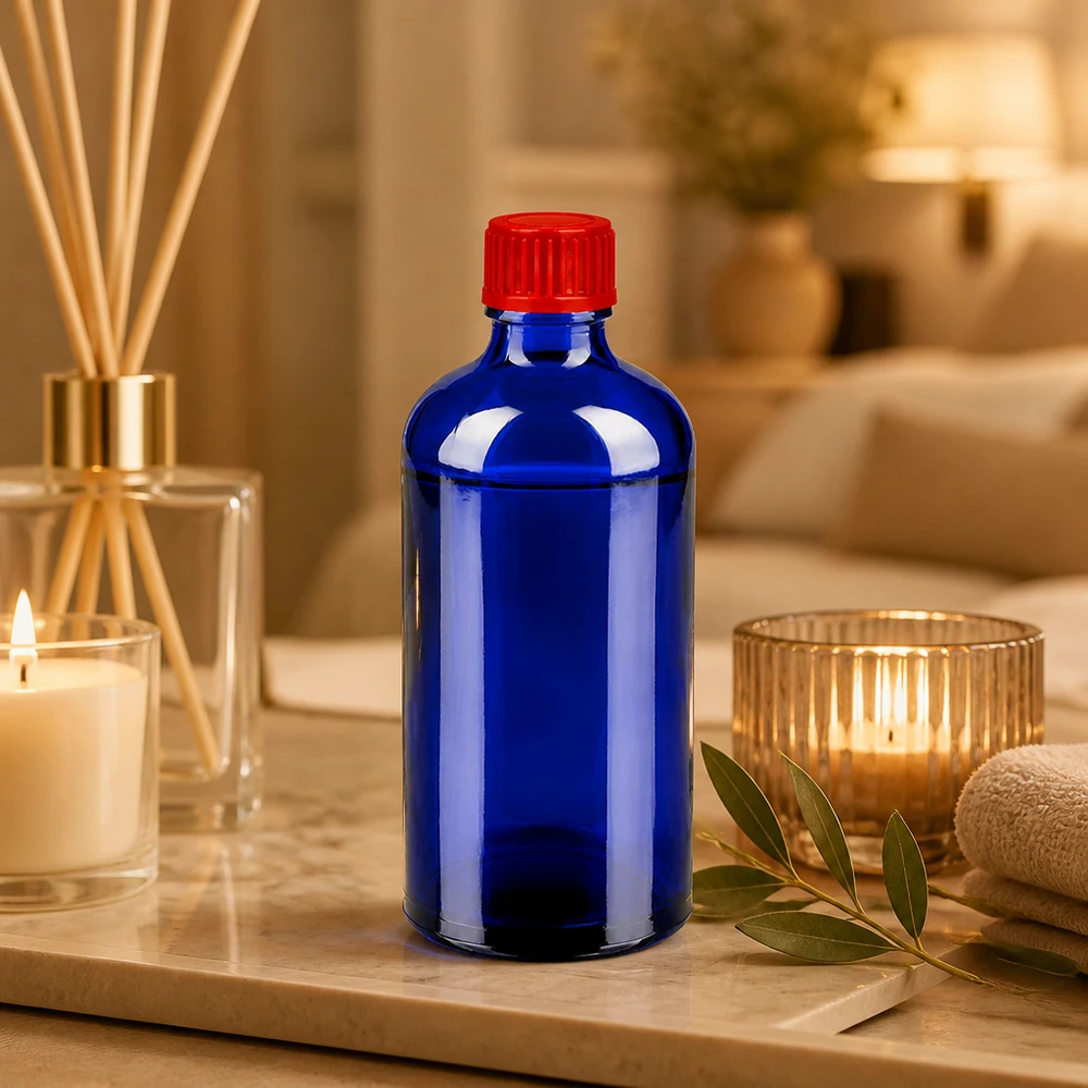 100ml flaska 11mm skruvkork röd standard BlueLine UT18/100 Högkvalitativ 100 ml glasflaska i elegant koboltblå färg med praktisk 11 mm röd skruvkork