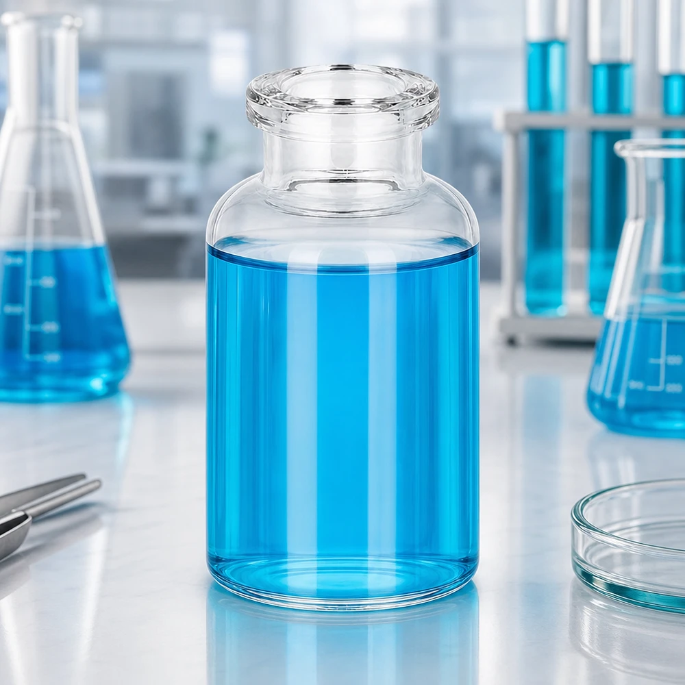 Injektionsflaska klart glas 20ml Injektionsvial 20ml Klarglas auf weißer Laborbank neben Petrischale und Pinzette