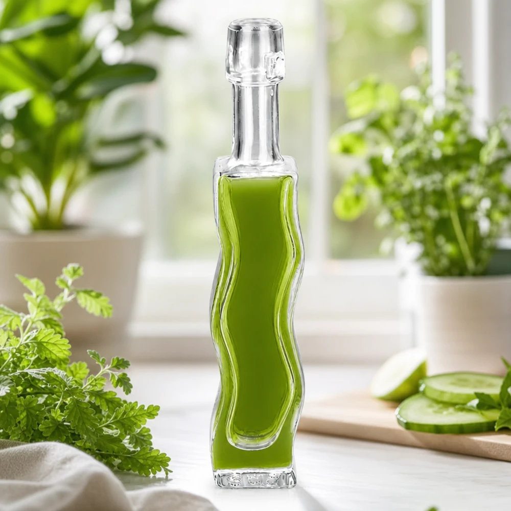 40 ml glasflaska Fila utan hänge UNiTWIST® 40 ml glasflaska Anna fylld med grönt örtextrakt persilja dekoration ljus fönsterbräda naturkosmetik atmosfär