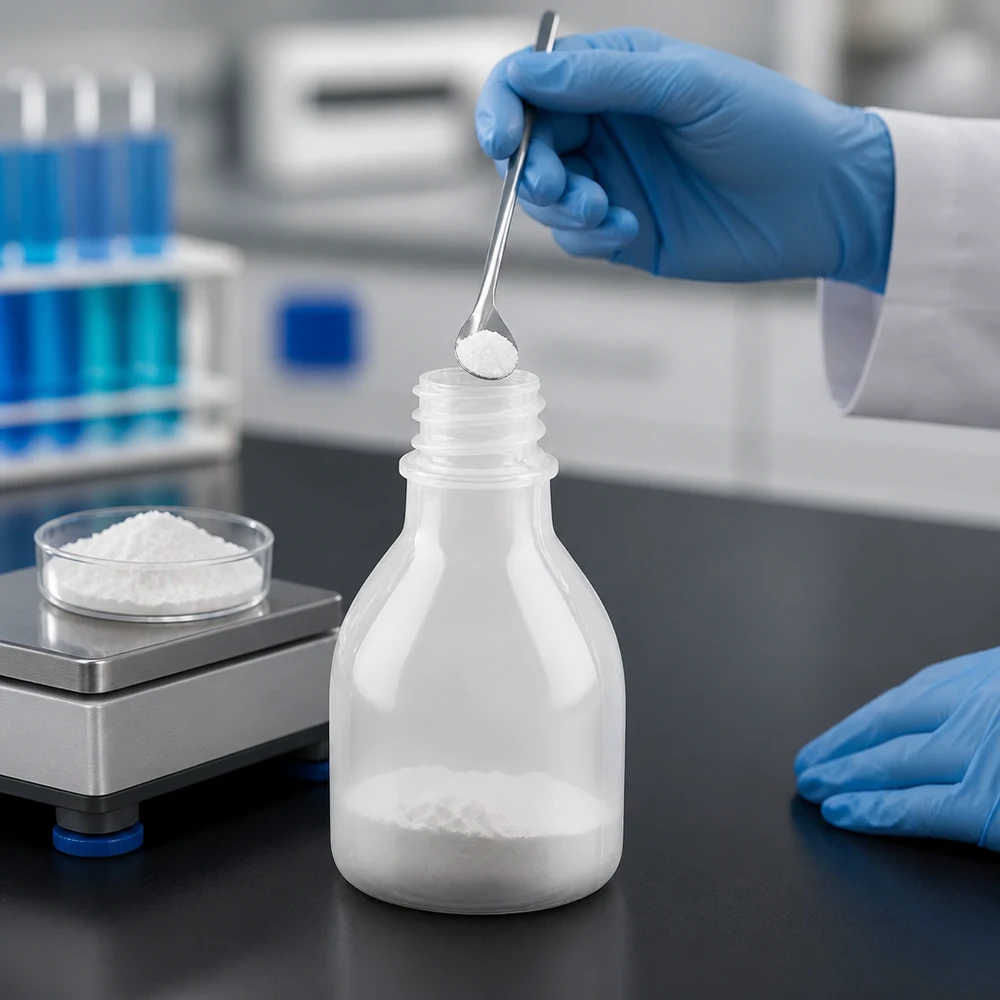 20ml laboratorieflaska med smal hals utan lock En liten vit laboratorieflaska på 20 ml med smal hals fylls med vitt pulver i ett professionellt laboratorium