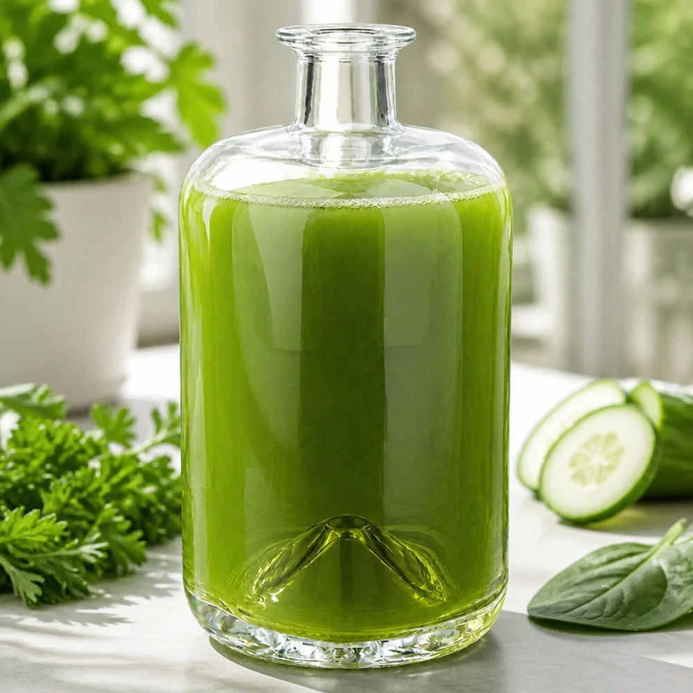 700 ml glasflaska Sofia fylld med grön smoothie bredvid gurka persilja och spenat hälsosam matscen